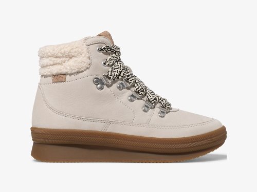 Keds Midland Boot Luxe Lær w/ Faux Shearling and Thinsulate™ Snøresko Dame Pisket Krem | NO-86796