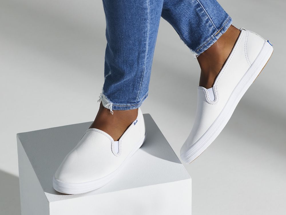 Keds Champion Slip On Lær Lær Sneakers Dame Hvite | NO-71593