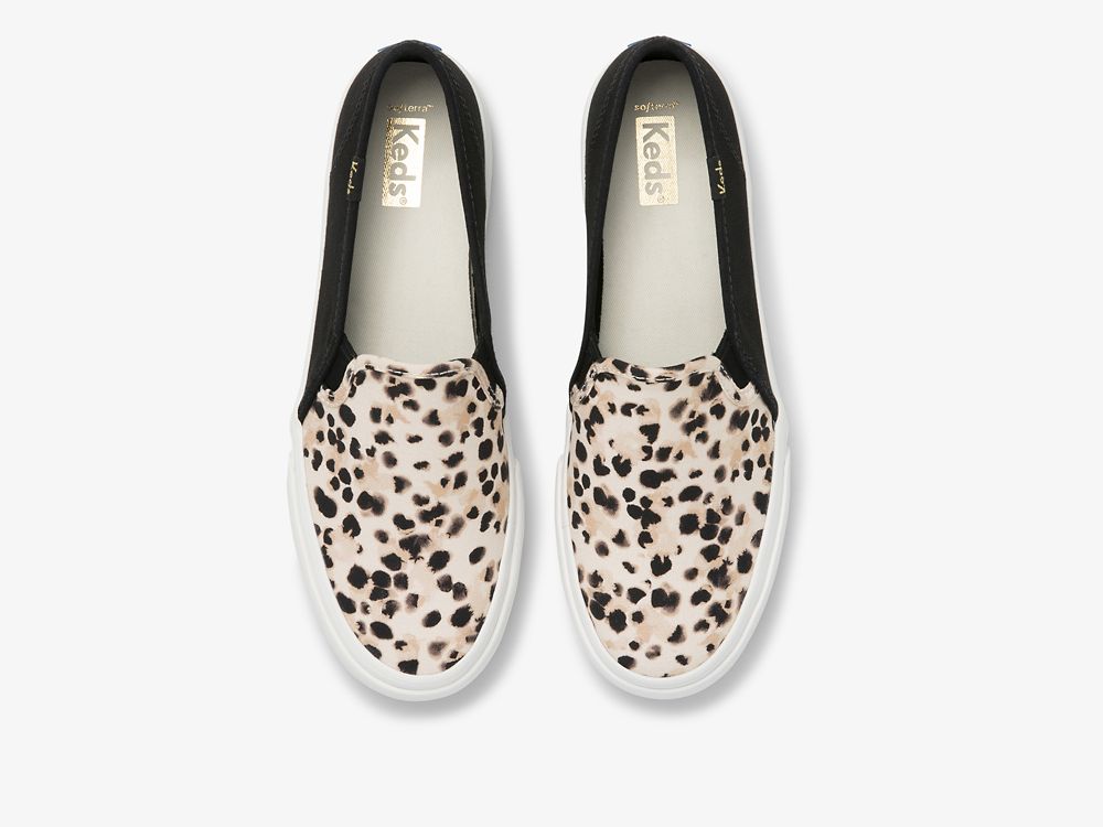 Keds Double Decker Leopard Canvas SlipOnSneakers Dame Svarte | NO-32980