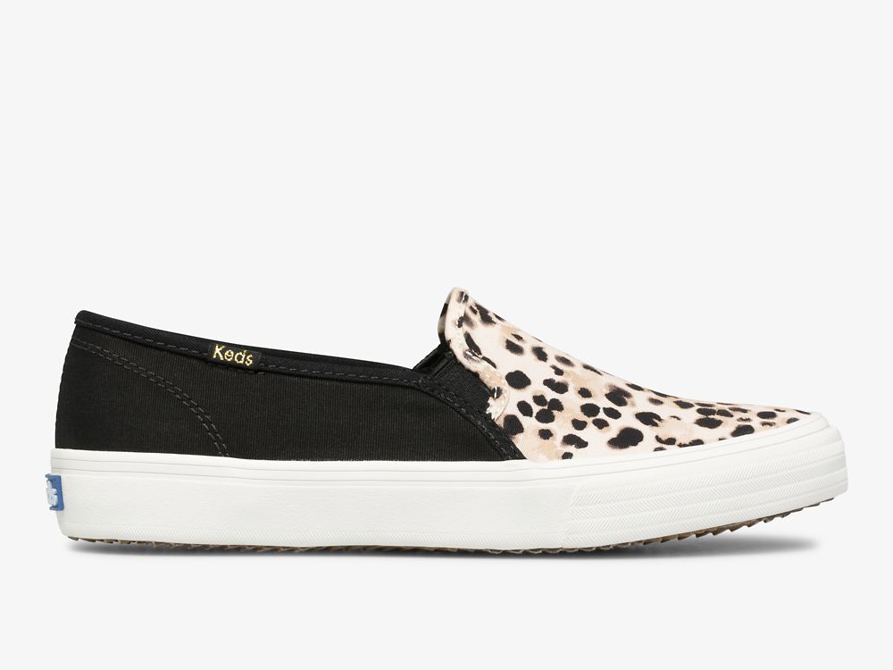 Keds Double Decker Leopard Canvas SlipOnSneakers Dame Svarte | NO-32980