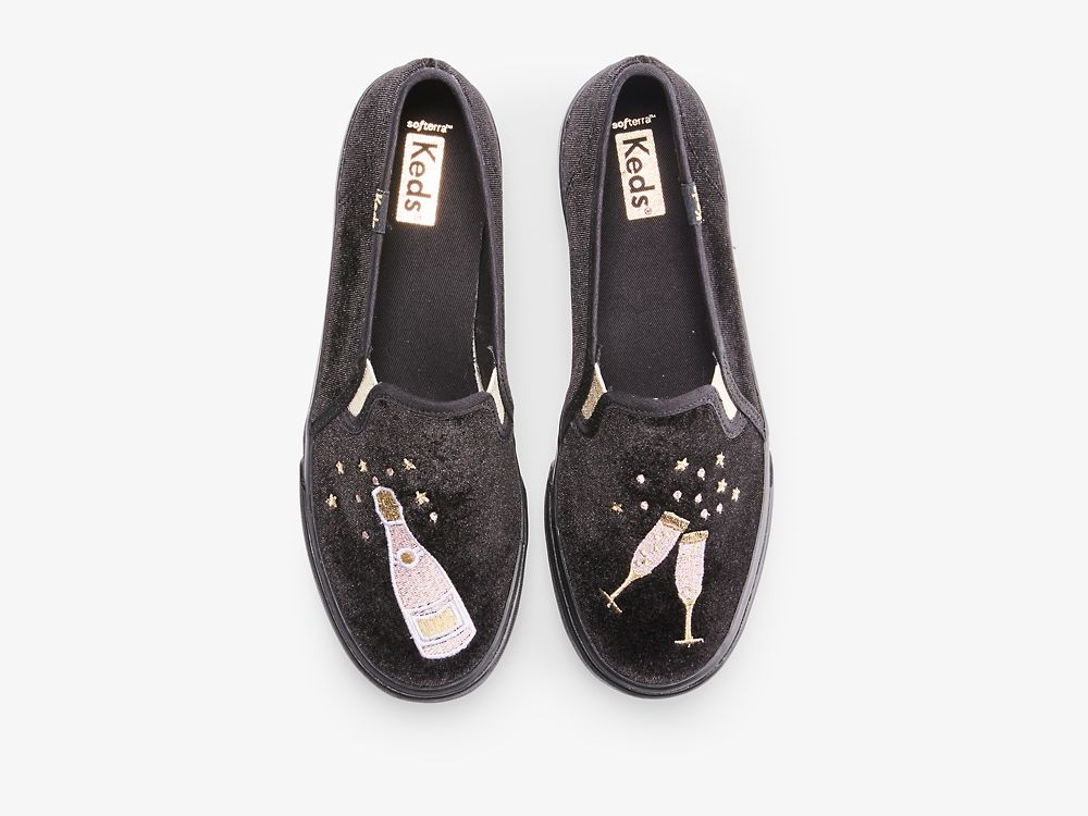 Keds Double Decker Velvet Cheers SlipOnSneakers Dame Svarte | NO-43304