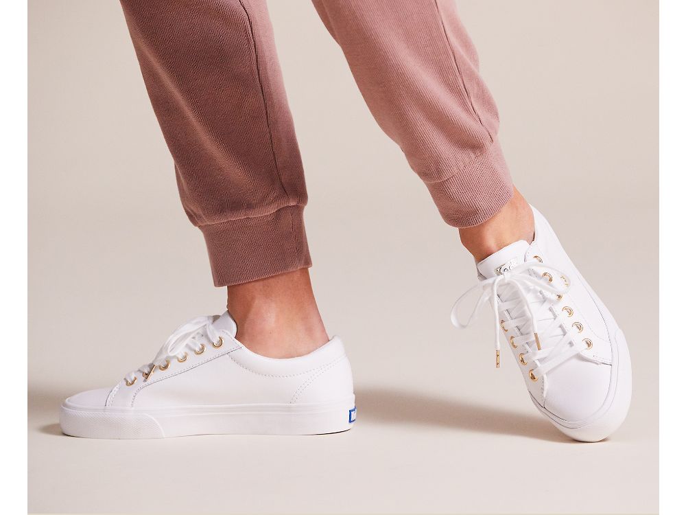 Keds Jump Kick Lær Lær Sneakers Dame Hvite Gull | NO-42728