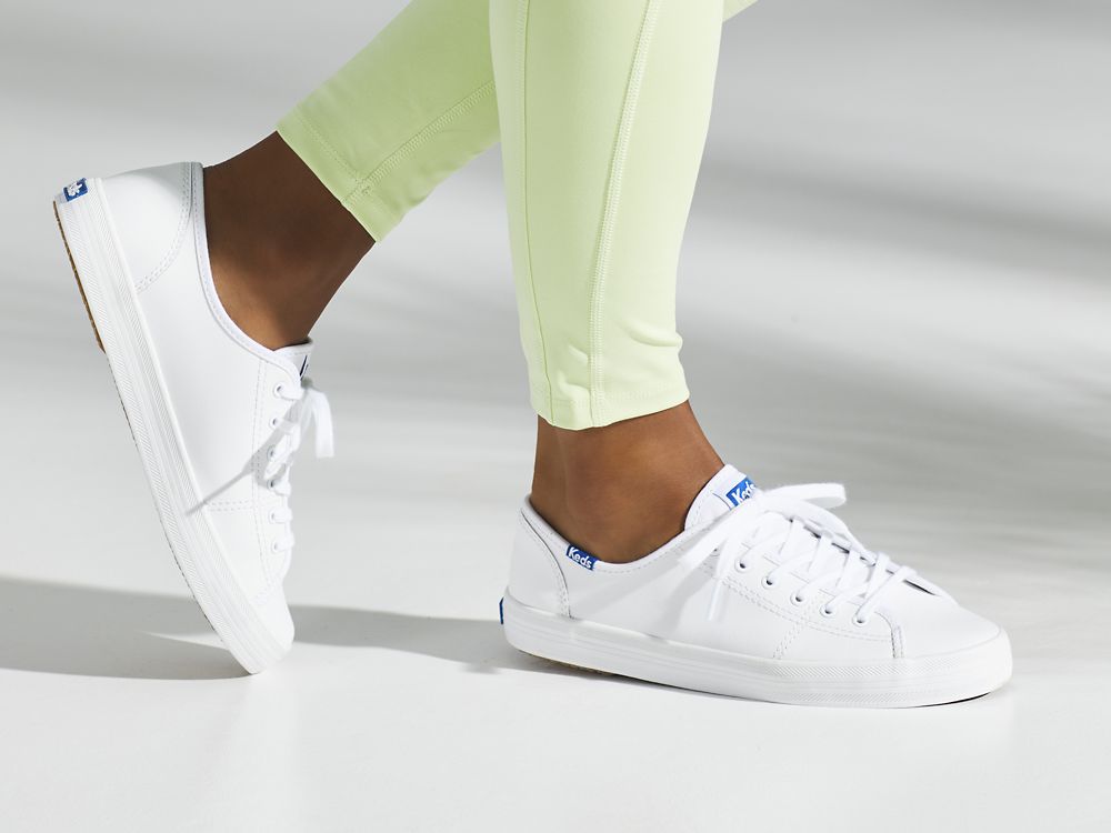 Keds Kickstart Lær Lær Sneakers Dame Hvite Blå | NO-78308