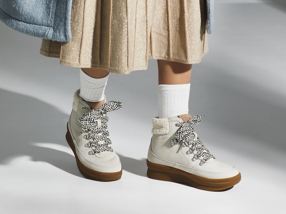 Keds Midland Boot Luxe Lær w/ Faux Shearling and Thinsulate™ Snøresko Dame Pisket Krem | NO-86796