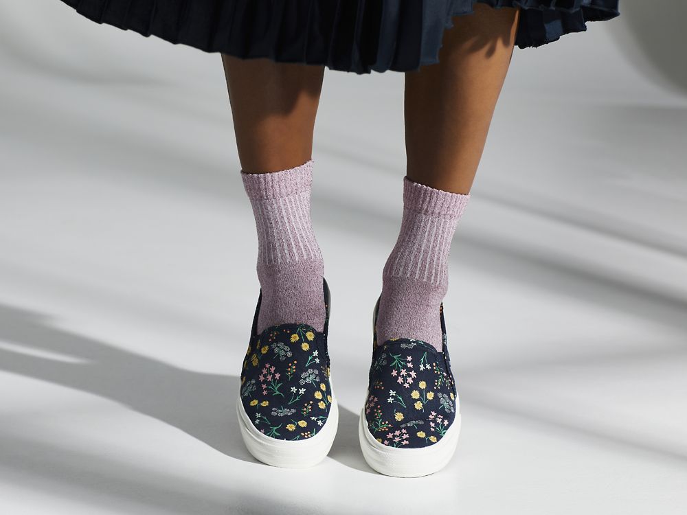 Keds Rifle Paper Co. Double Decker Petite Fleurs Printed SlipOnSneakers Dame Indigo | NO-05799