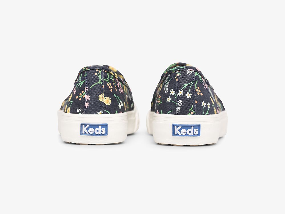 Keds Rifle Paper Co. Double Decker Petite Fleurs Printed SlipOnSneakers Dame Indigo | NO-05799