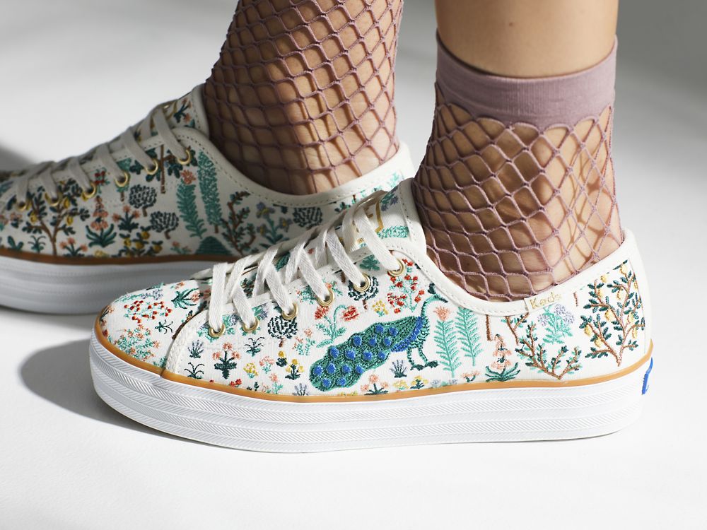 Keds Rifle Paper Co. Triple Kick Menagerie Embroidered Snøresko Dame Pisket Krem Multicolor | NO-81376