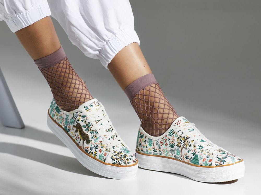 Keds Rifle Paper Co. Triple Kick Menagerie Embroidered Snøresko Dame Pisket Krem Multicolor | NO-81376