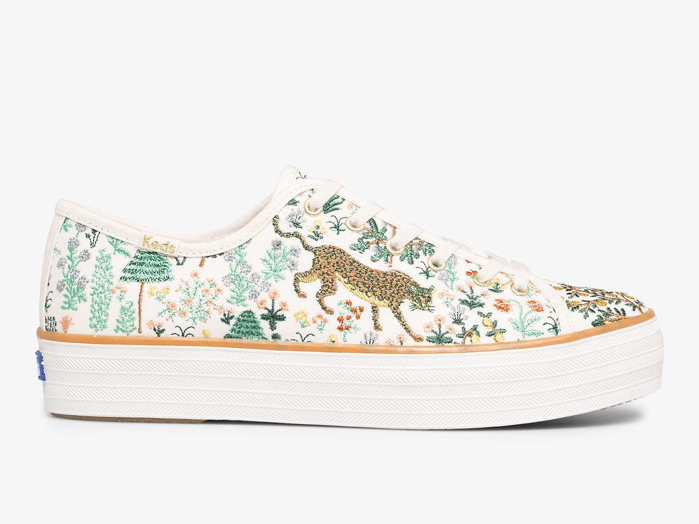 Keds Rifle Paper Co. Triple Kick Menagerie Embroidered Snøresko Dame Pisket Krem Multicolor | NO-81376