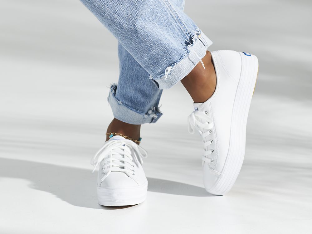 Keds Triple Kick Lær Lær Sneakers Dame Hvite | NO-46399